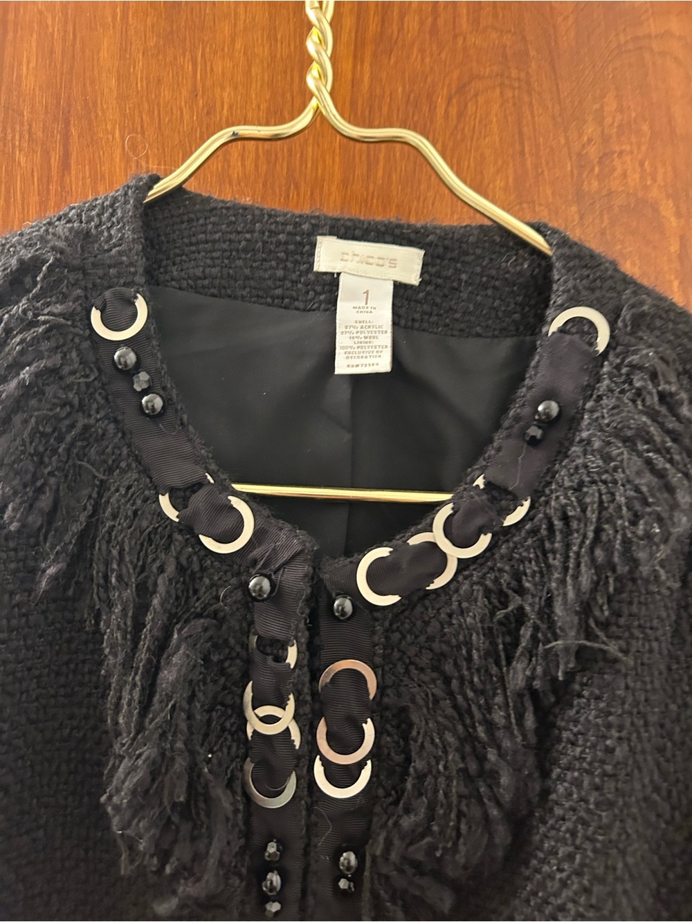 Chico's Black Fringe Knit Cardigan with Metallic Ring Trim